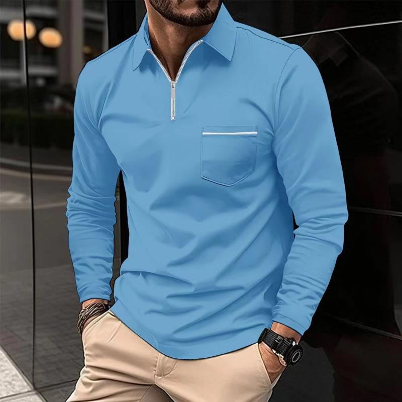 Long Sleeve Polo Shirt Men Classic Collar Chest Pocket Casual Comfort 7