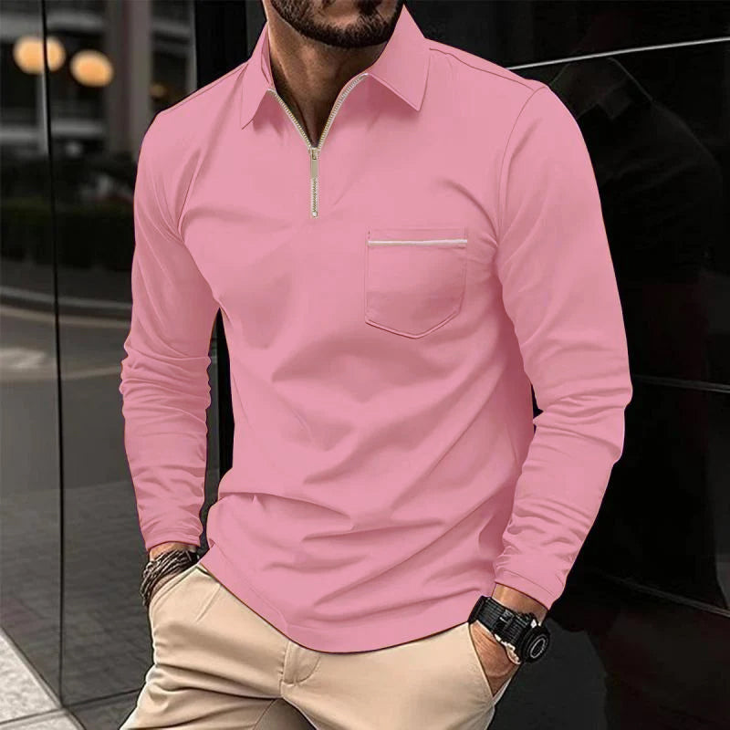 Long Sleeve Polo Shirt Men Classic Collar Chest Pocket Casual Comfort 8