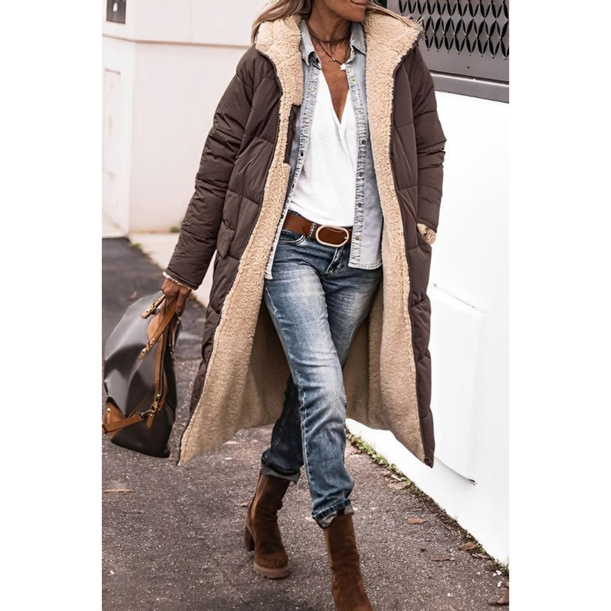 Long Winter Coat Women Stylish Versatile Teddy Lined Gray Puffer 1