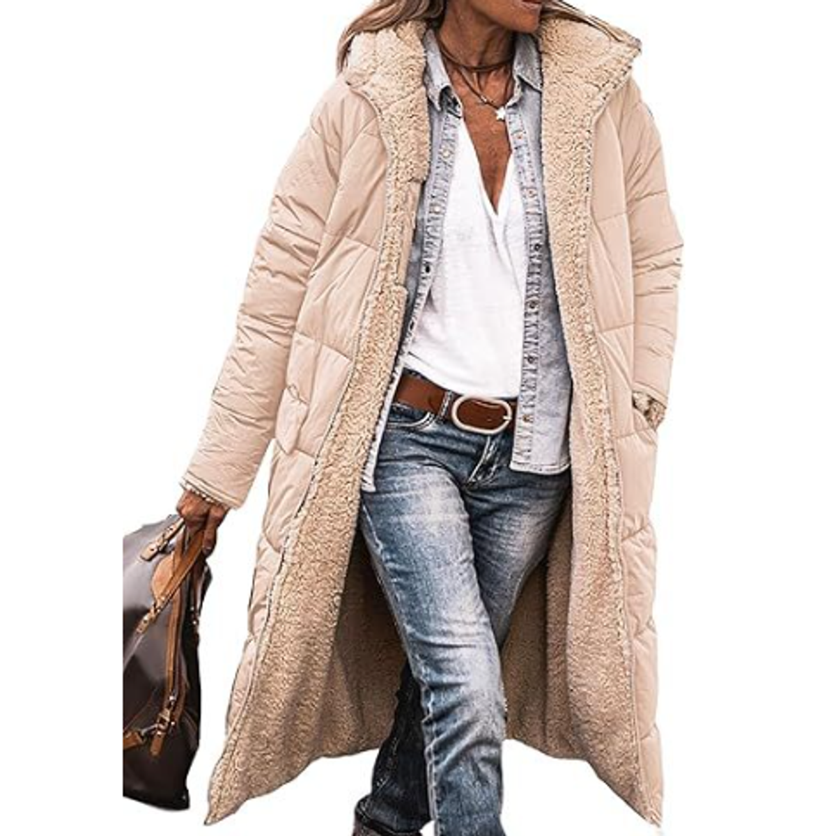 Long Winter Coat Women Stylish Versatile Teddy Lined Gray Puffer 9