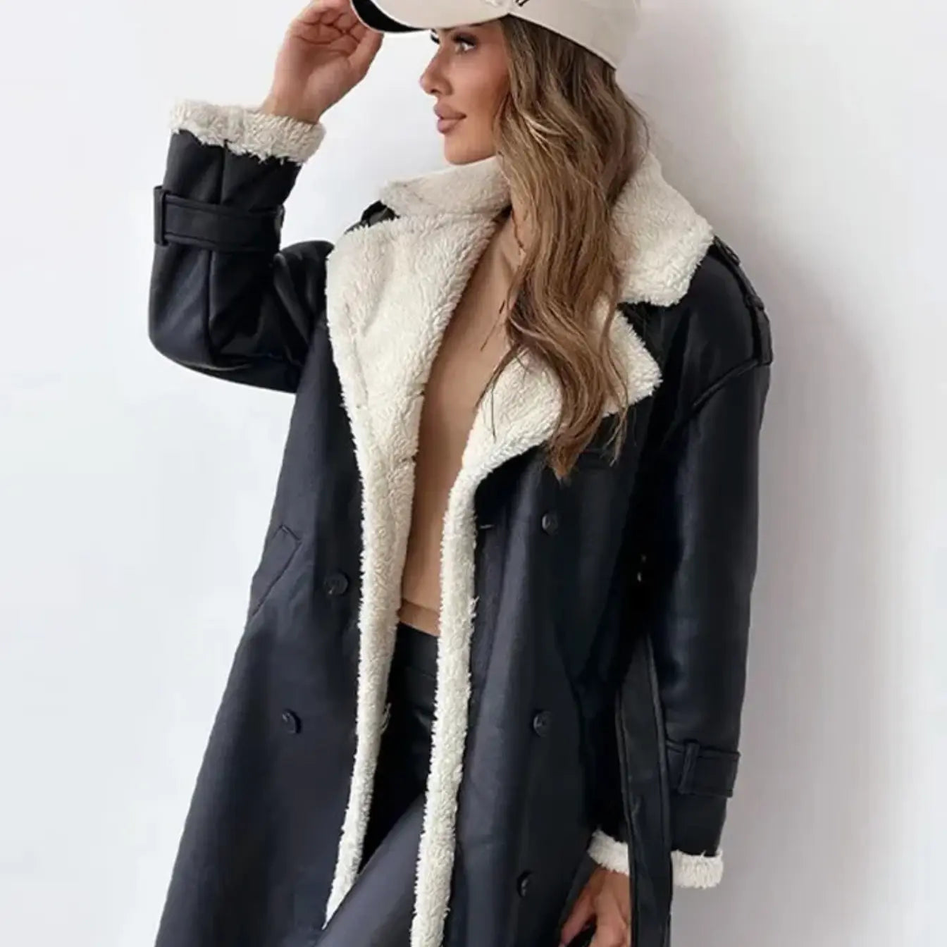 Long Women's Coat with Fleece Lining and Teddy Collar for Winter 1