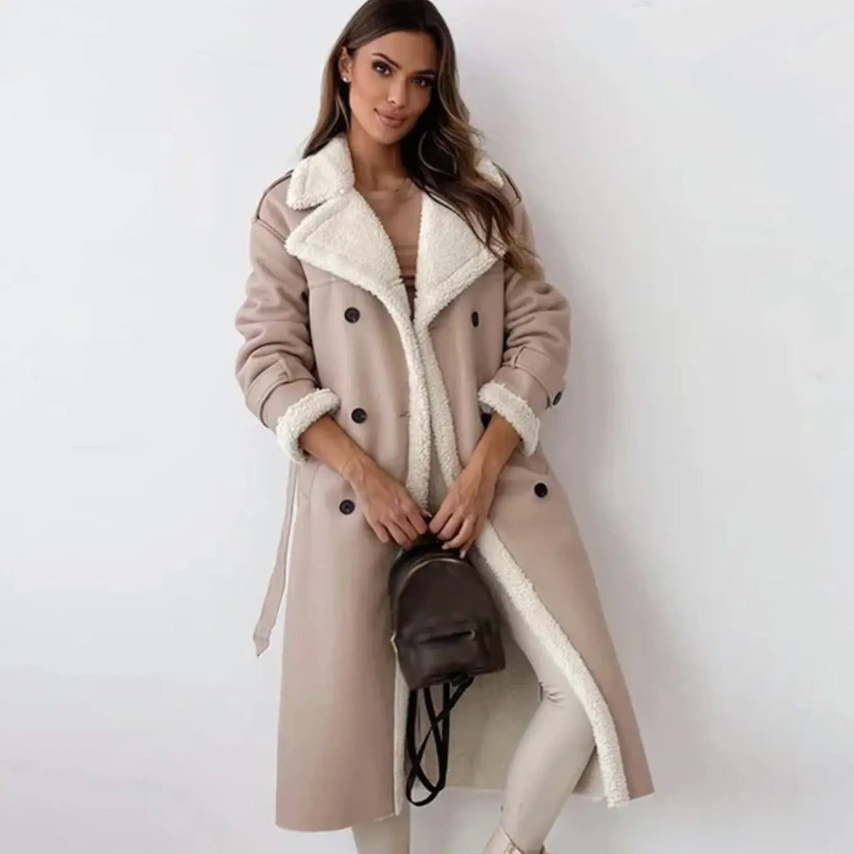 Long Women's Coat with Fleece Lining and Teddy Collar for Winter 4