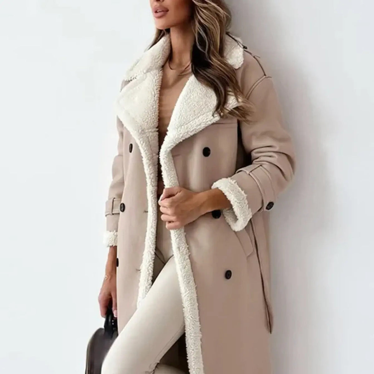 Long Women's Coat with Fleece Lining and Teddy Collar for Winter 5