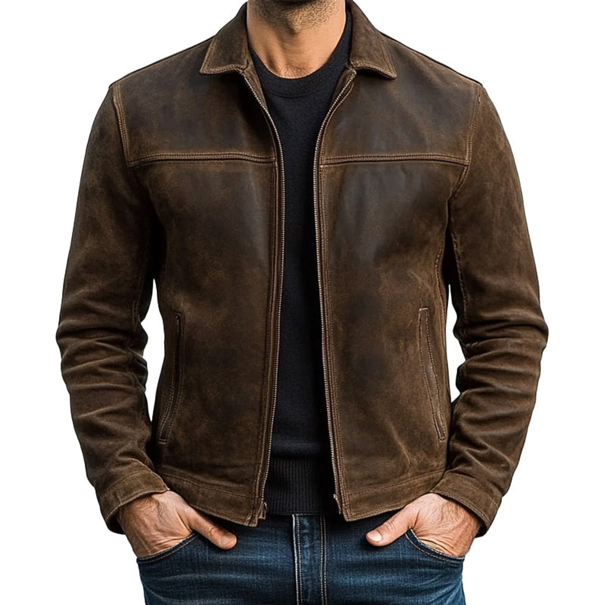 Men's Black Leather Jacket Classic Biker Style Zippered Fit 0