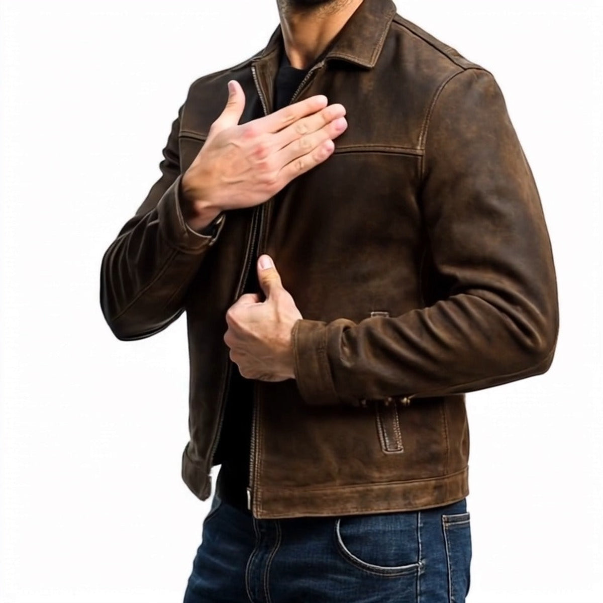 Men's Black Leather Jacket Classic Biker Style Zippered Fit 1