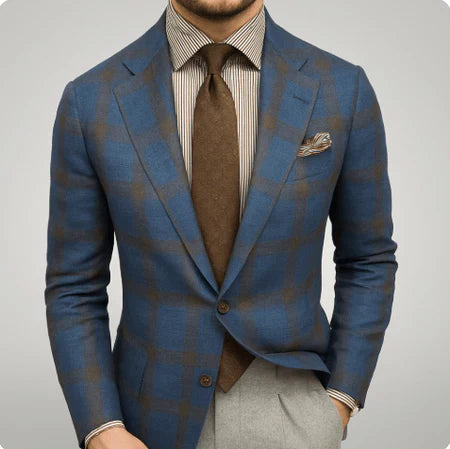 Men's Blazer Jacket Blue Check Pattern Tailored Slim Fit Formal Coat 0
