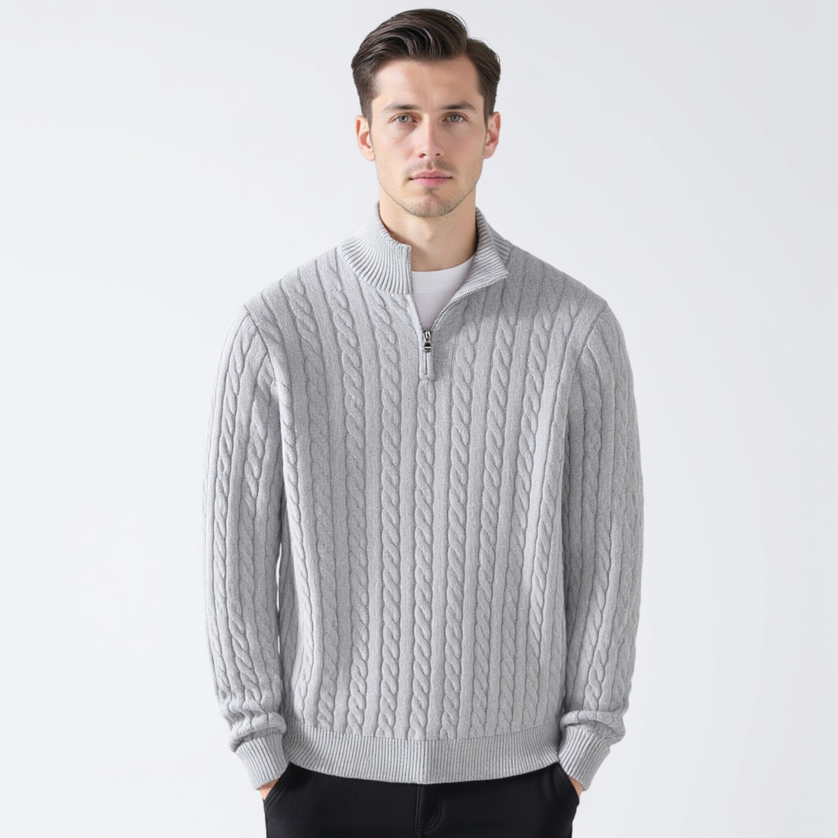 Men's Cable Knit Half-Zip Sweater Elegant Warmth Classic Style 3