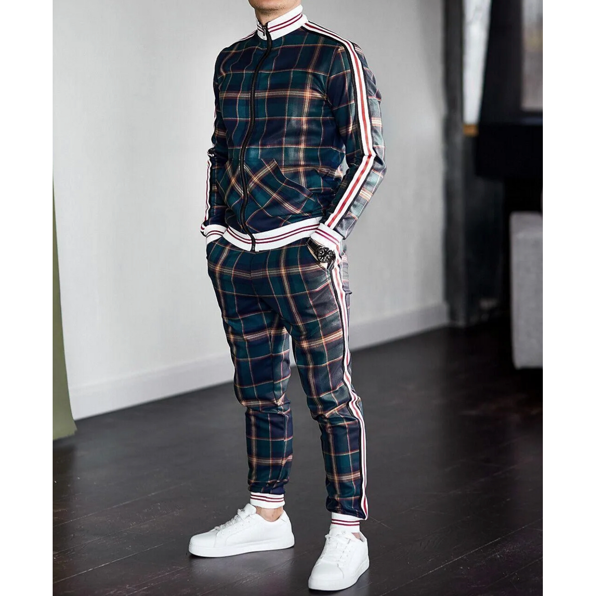 Men's Checkered Tracksuit Co-Ord Set with Striped Cuffs Stylish Comfort 0