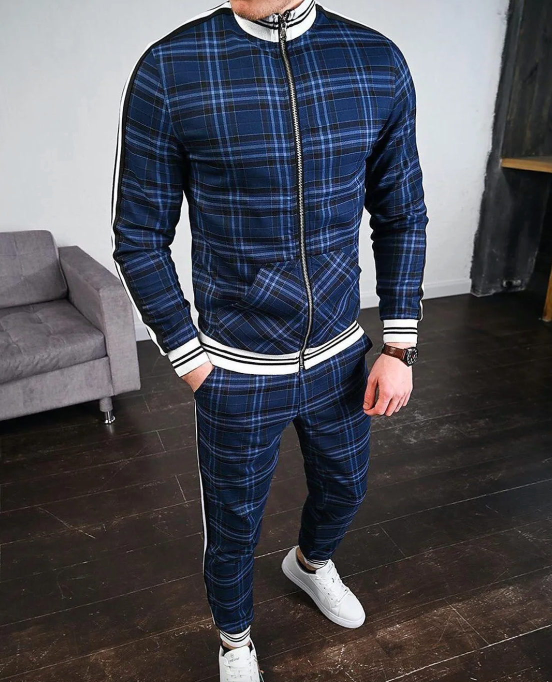 Men's Checkered Tracksuit Co-Ord Set with Striped Cuffs Stylish Comfort 2