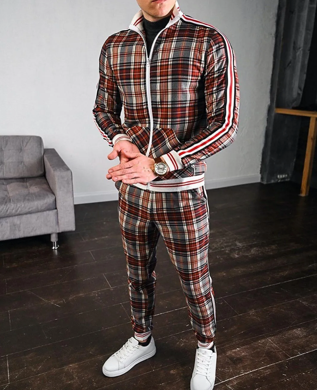Men's Checkered Tracksuit Co-Ord Set with Striped Cuffs Stylish Comfort 4