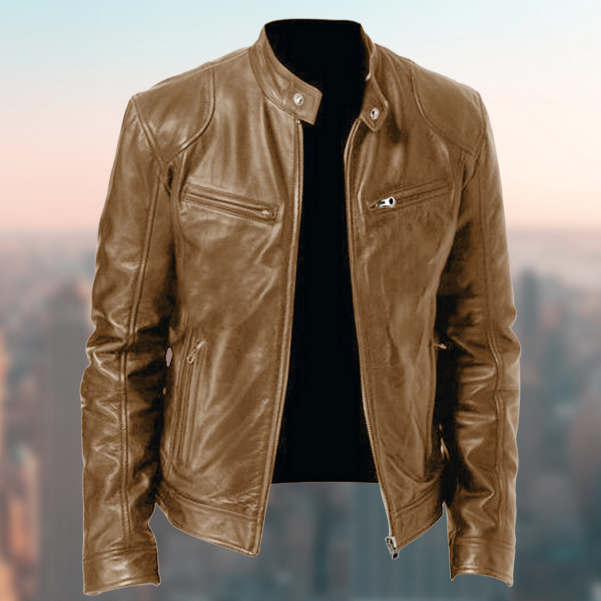 Men's Leather Jacket Sleek Zip Closure Stand Collar Stylish Design 3
