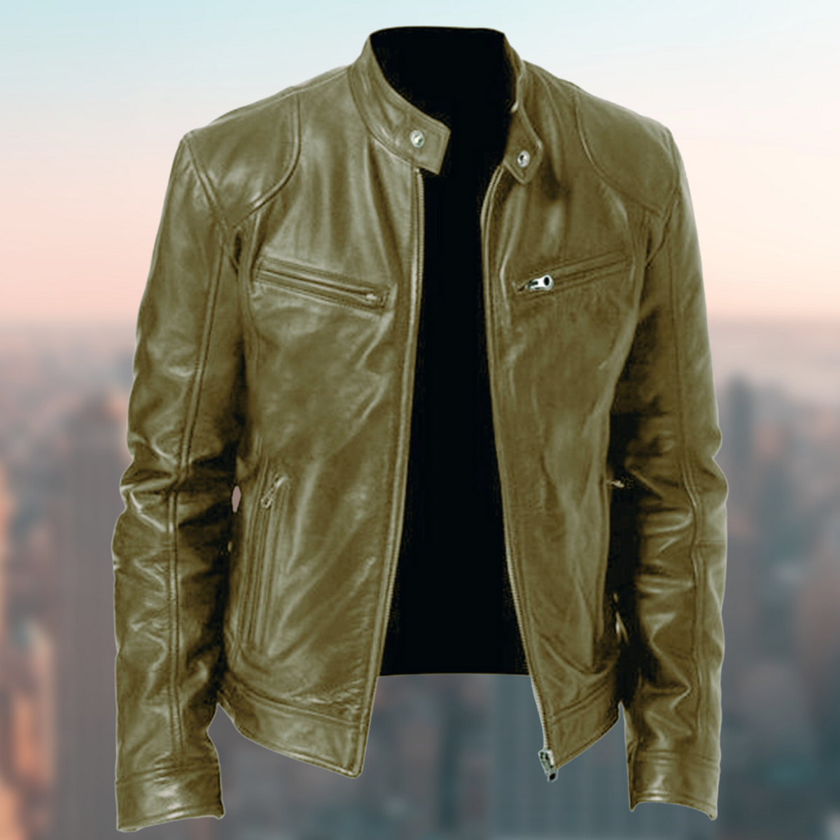 Men's Leather Jacket Sleek Zip Closure Stand Collar Stylish Design 5