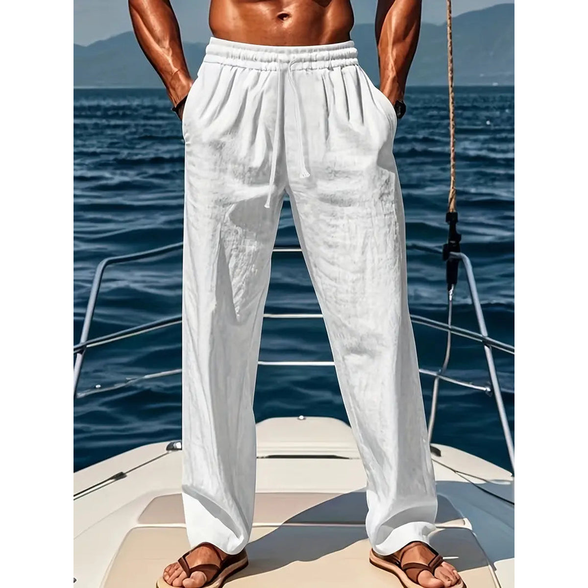 Men's Linen Trousers Airy Wide Fit Summer Fashion Casual 0