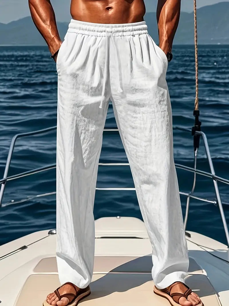 Men's Linen Trousers Airy Wide Fit Summer Fashion Casual 0