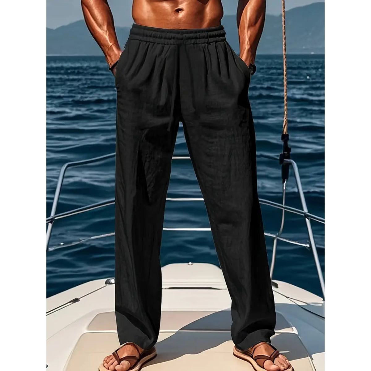 Men's Linen Trousers Airy Wide Fit Summer Fashion Casual 1