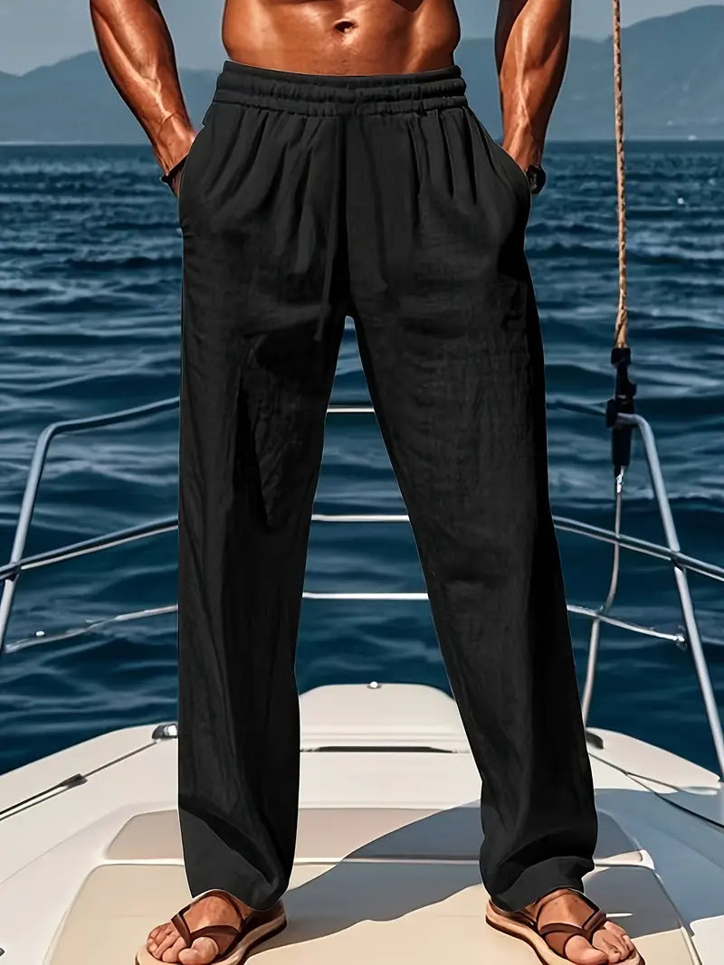 Men's Linen Trousers Airy Wide Fit Summer Fashion Casual 1