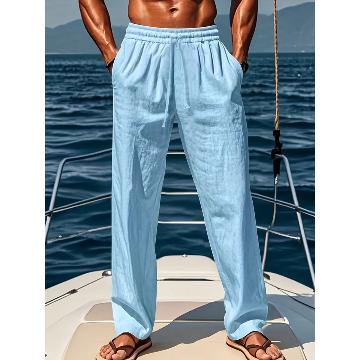 Men's Linen Trousers Airy Wide Fit Summer Fashion Casual 2