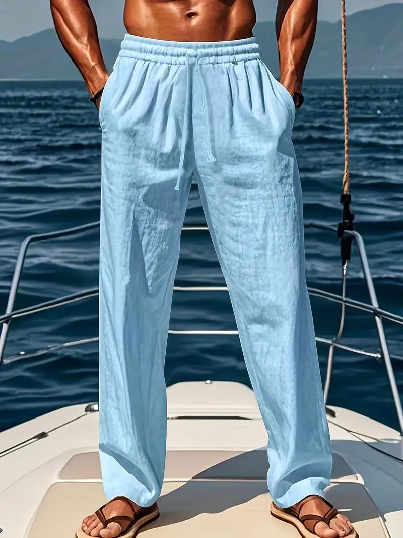 Men's Linen Trousers Airy Wide Fit Summer Fashion Casual 2