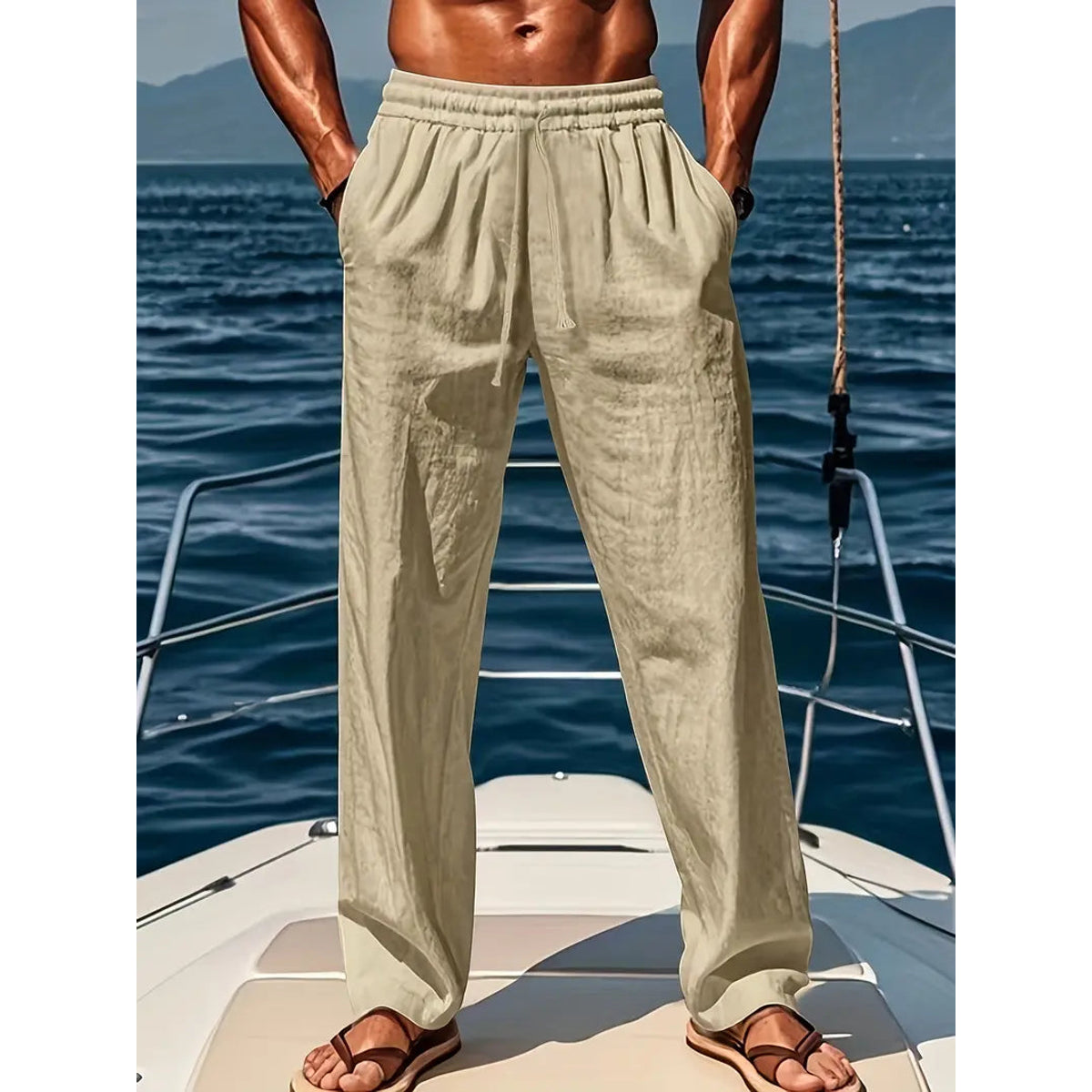 Men's Linen Trousers Airy Wide Fit Summer Fashion Casual 3