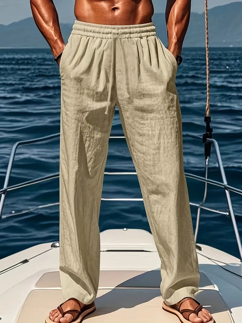 Men's Linen Trousers Airy Wide Fit Summer Fashion Casual 3