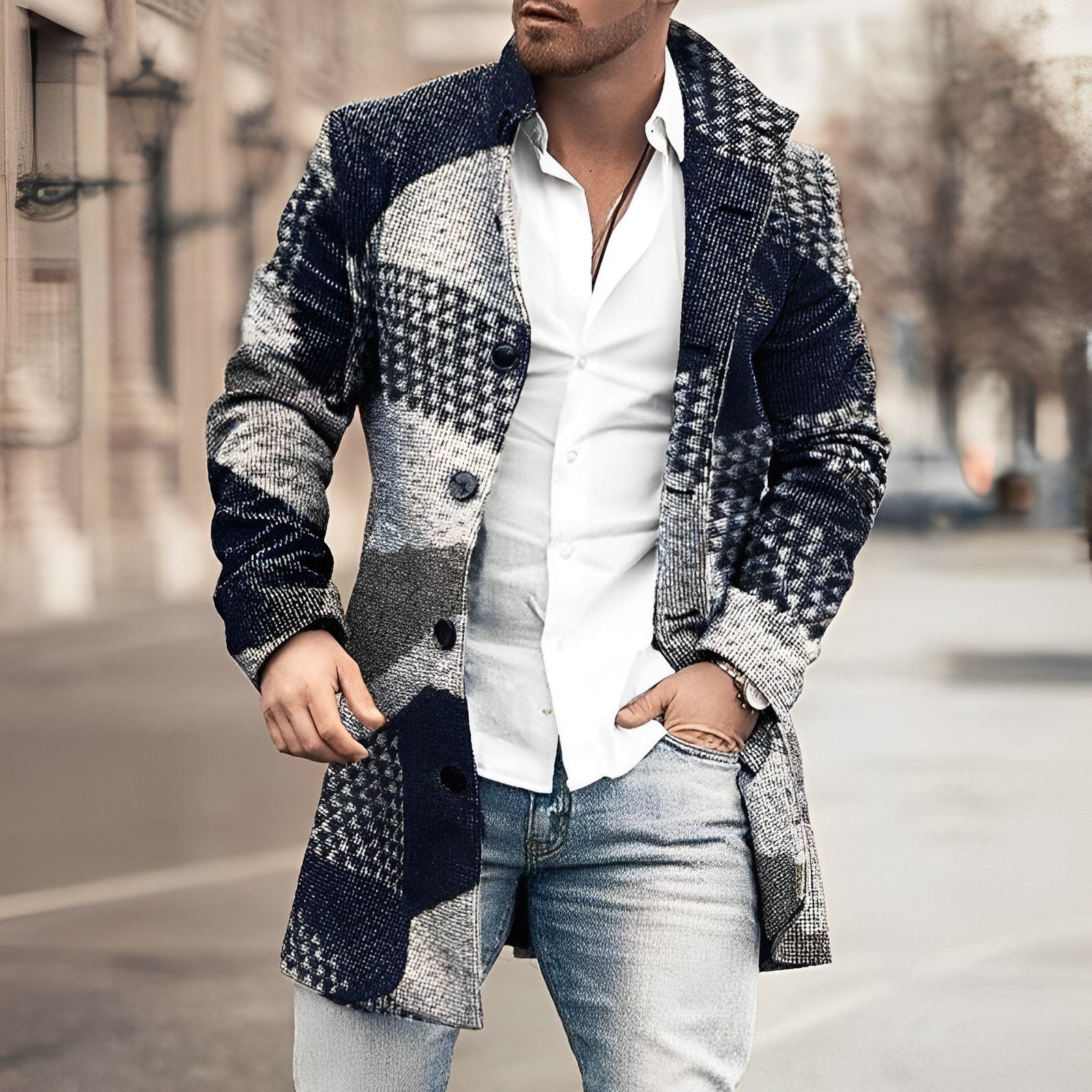 Men's Long Button-Up Coat Stylish Elegant Design for Winter 2