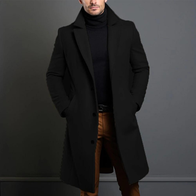 Men's Long Overcoat Classic Lapel Stylish Elegance Warm Wool Blend 0