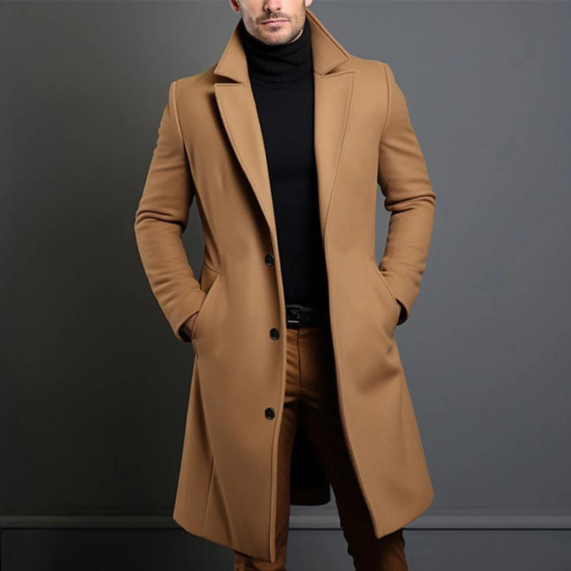 Men's Long Overcoat Classic Lapel Stylish Elegance Warm Wool Blend 1