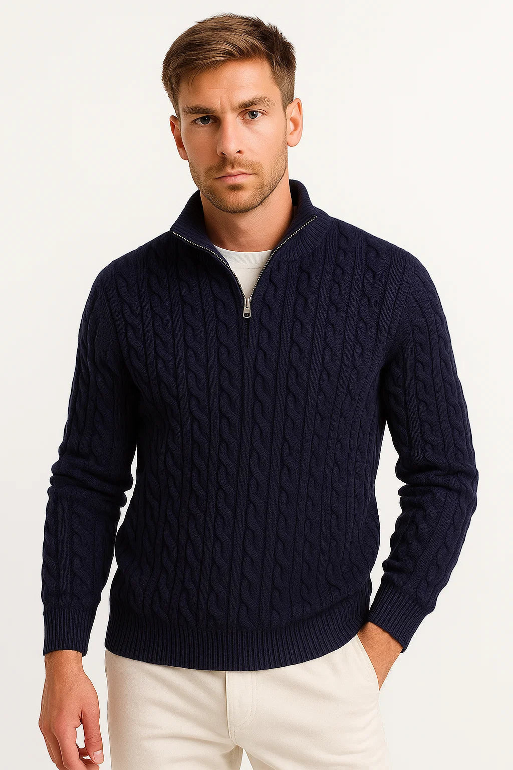 Men's Quarter Zip Sweater Elegant Cable Knit Jumper Casual Chic 0