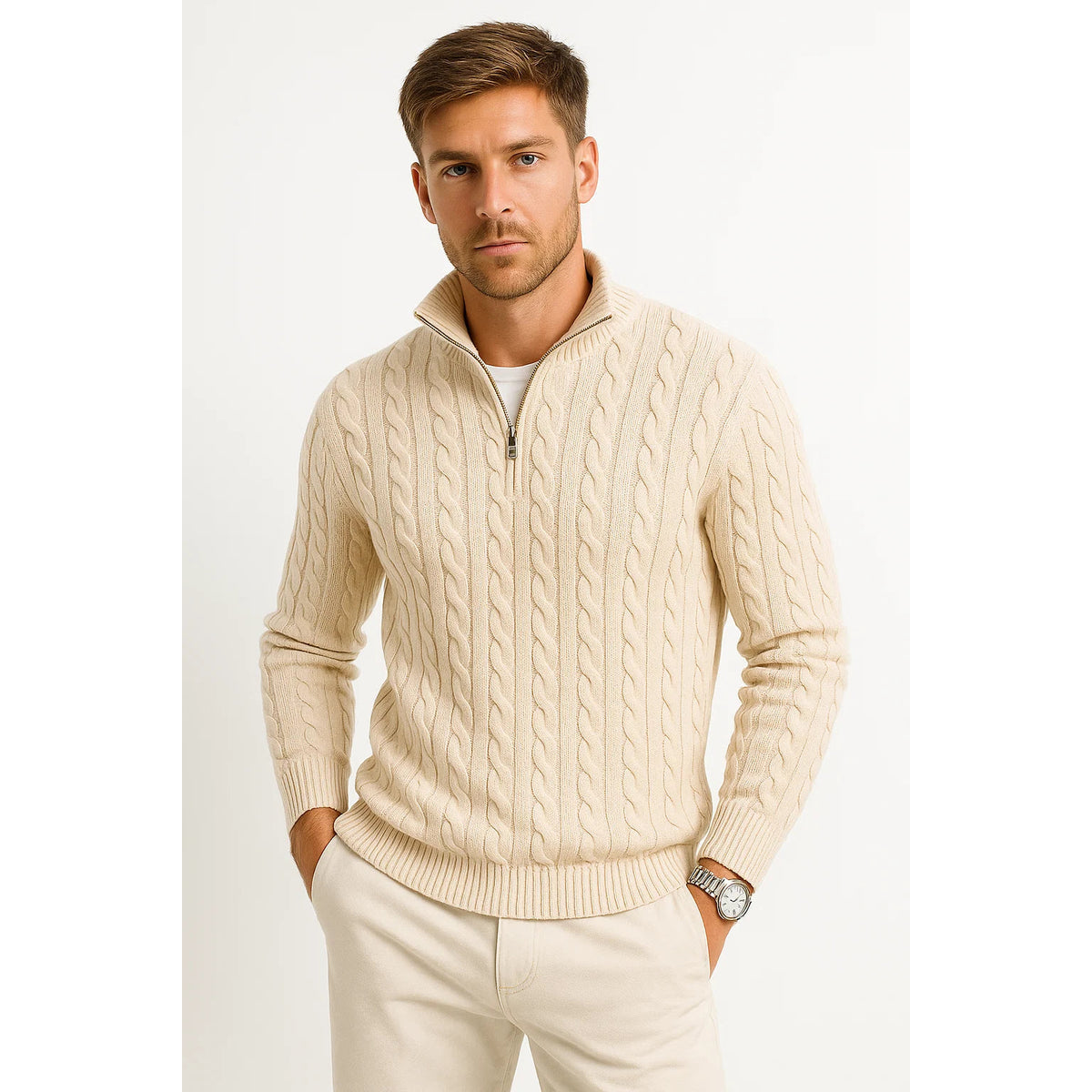 Men's Quarter Zip Sweater Elegant Cable Knit Jumper Casual Chic 3