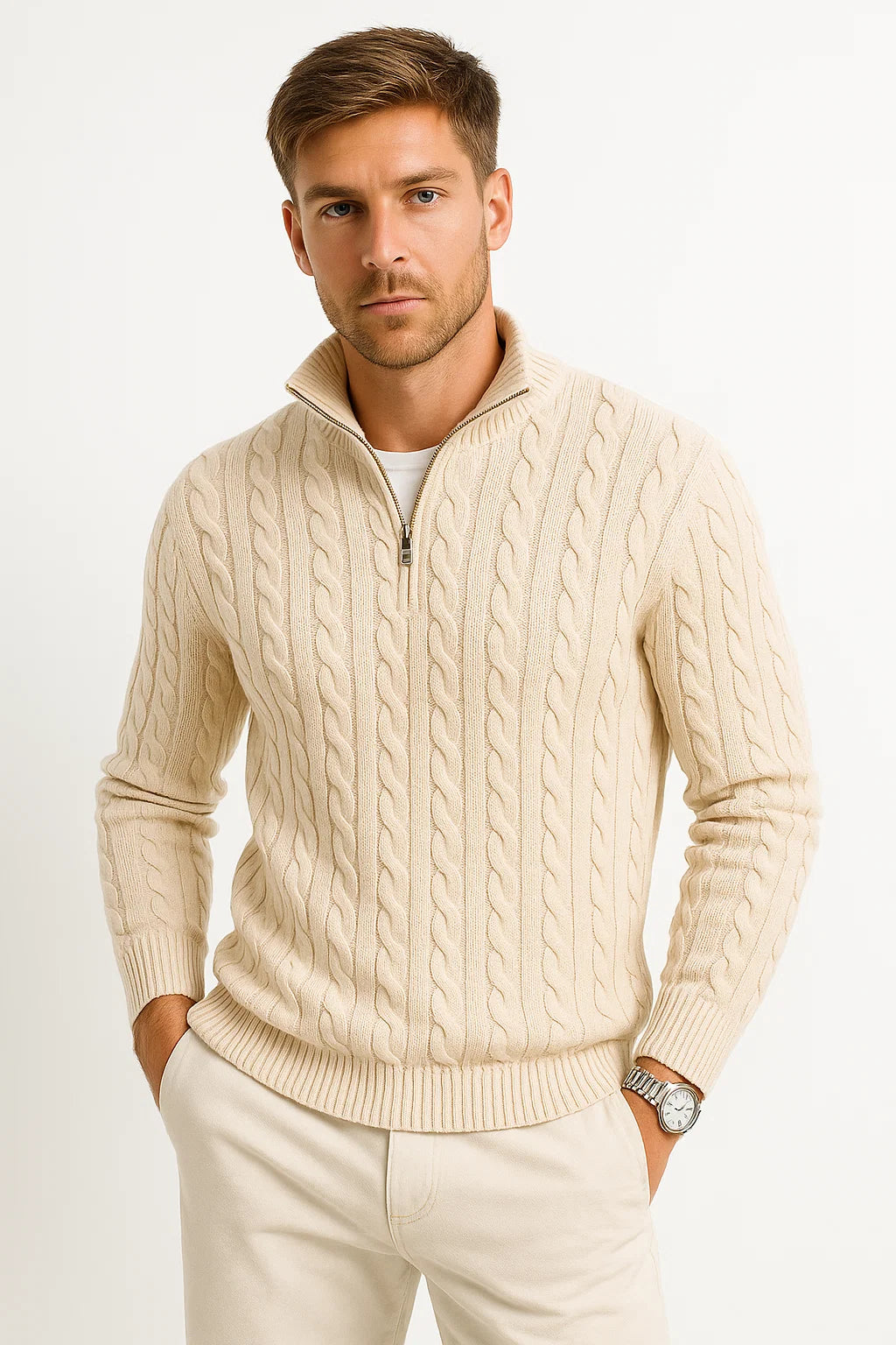 Men's Quarter Zip Sweater Elegant Cable Knit Jumper Casual Chic 3