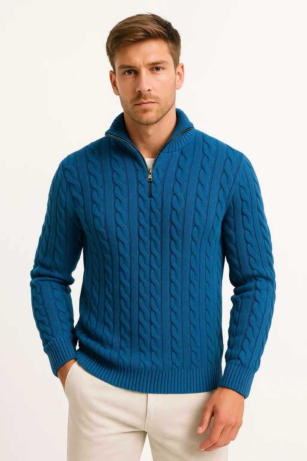 Men's Quarter Zip Sweater Elegant Cable Knit Jumper Casual Chic 5