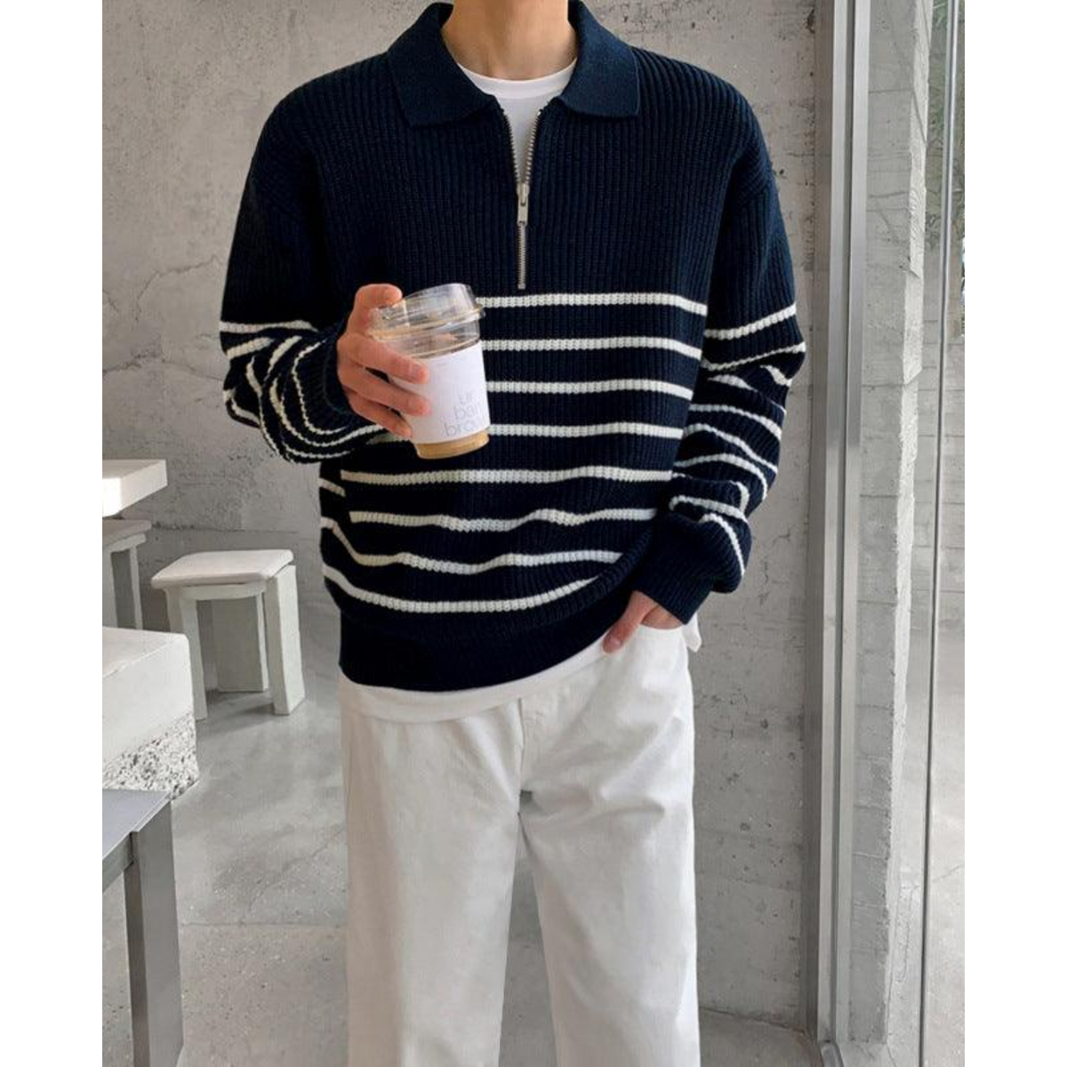 Men's Quarter Zip Sweater Striped Design Casual Chic Cotton 1