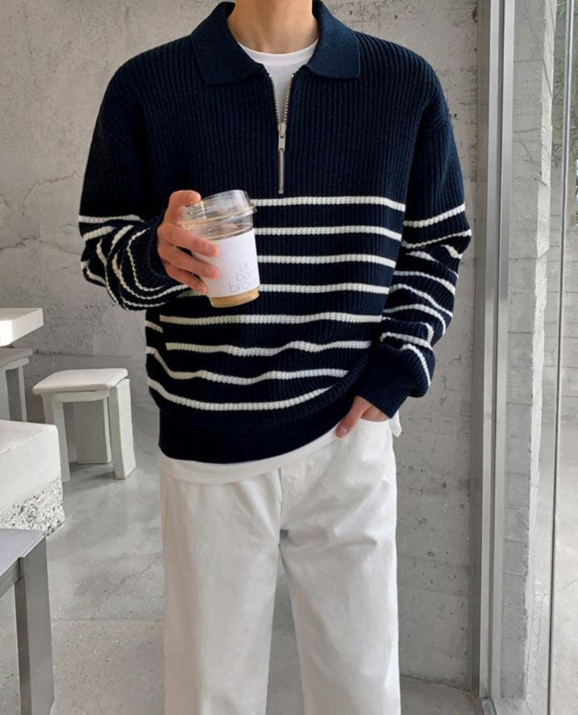 Men's Quarter Zip Sweater Striped Design Casual Chic Cotton 1