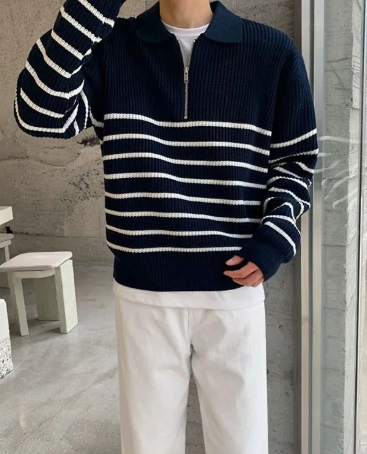 Men's Quarter Zip Sweater Striped Design Casual Chic Cotton 2