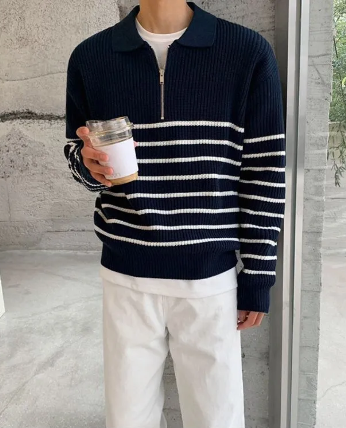 Men's Quarter Zip Sweater Striped Design Casual Chic Cotton 3