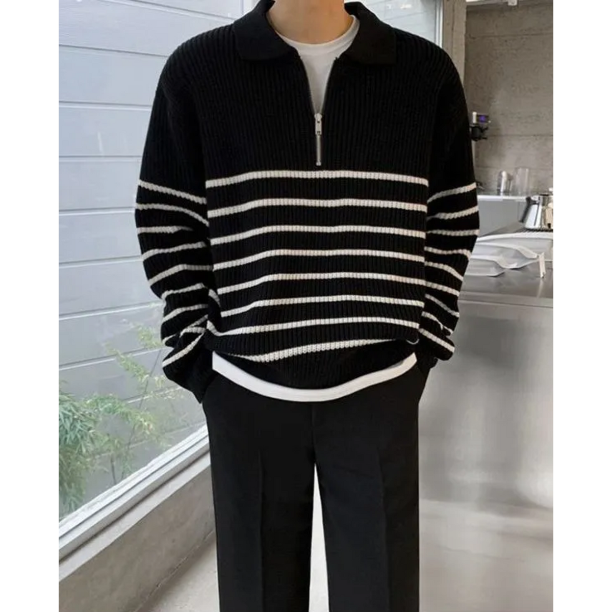 Men's Quarter Zip Sweater Striped Design Casual Chic Cotton 4