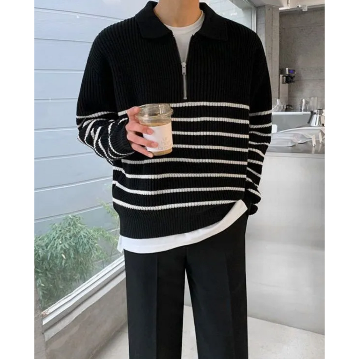 Men's Quarter Zip Sweater Striped Design Casual Chic Cotton 5