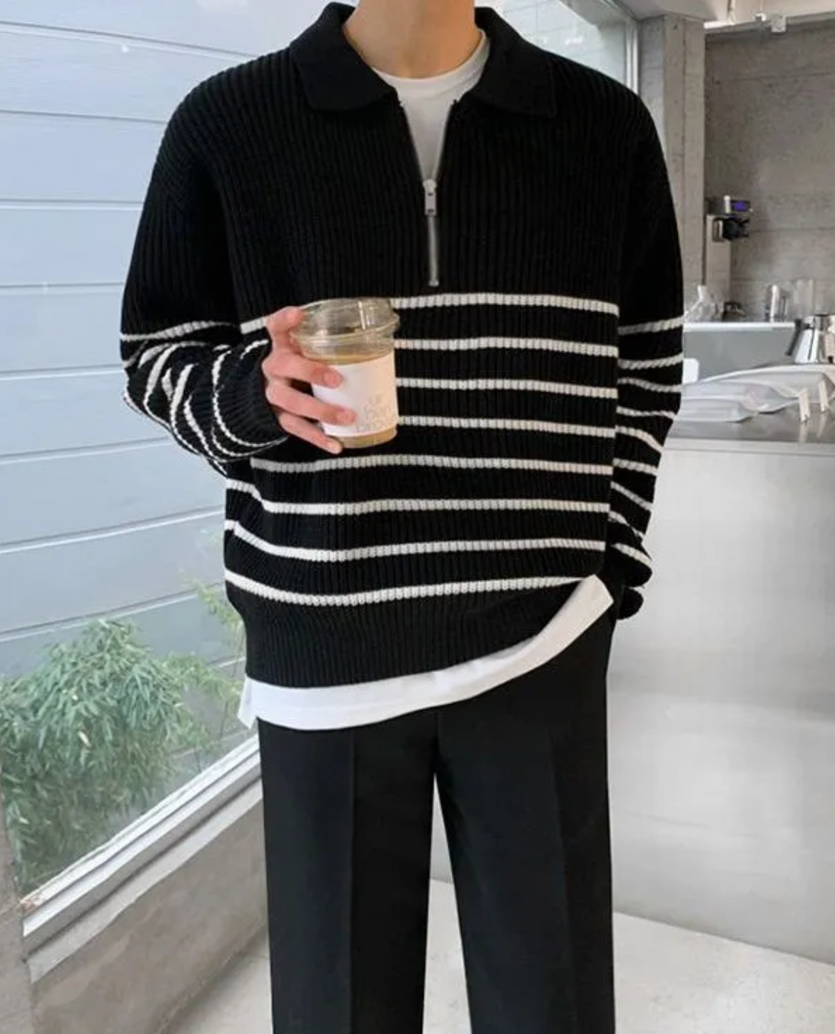 Men's Quarter Zip Sweater Striped Design Casual Chic Cotton 5