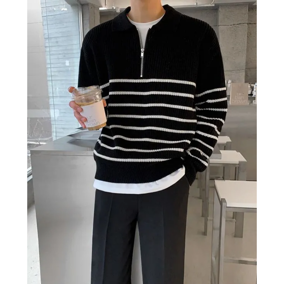Men's Quarter Zip Sweater Striped Design Casual Chic Cotton 6
