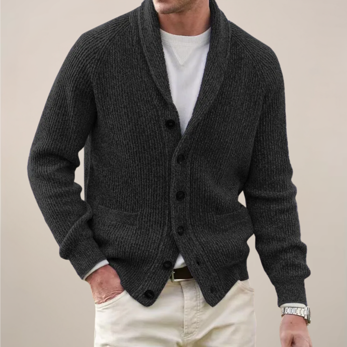 Men's Shawl Collar Cardigan Sweater Ribbed Texture Smart Casual Layering 0