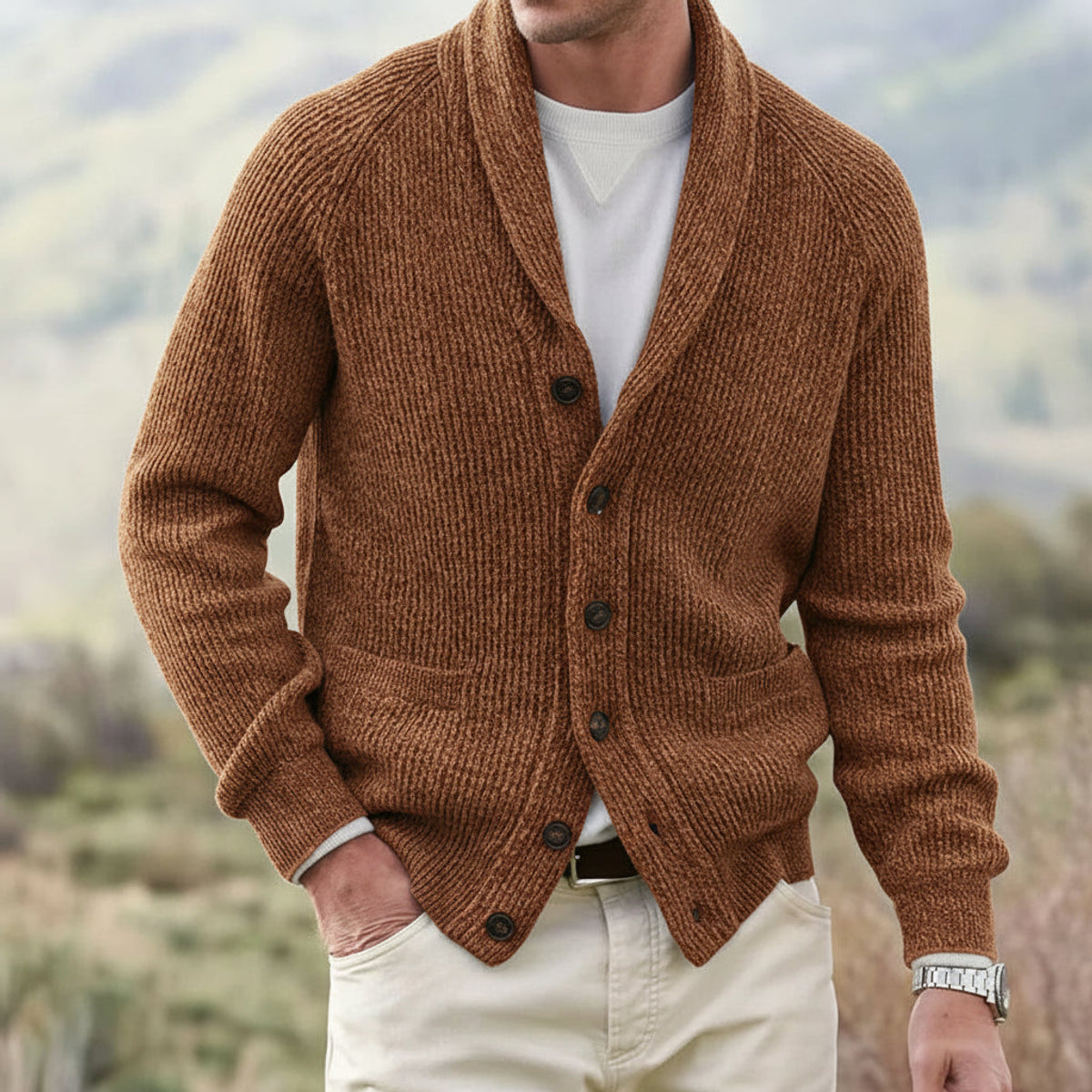 Men's Shawl Collar Cardigan Sweater Ribbed Texture Smart Casual Layering 3