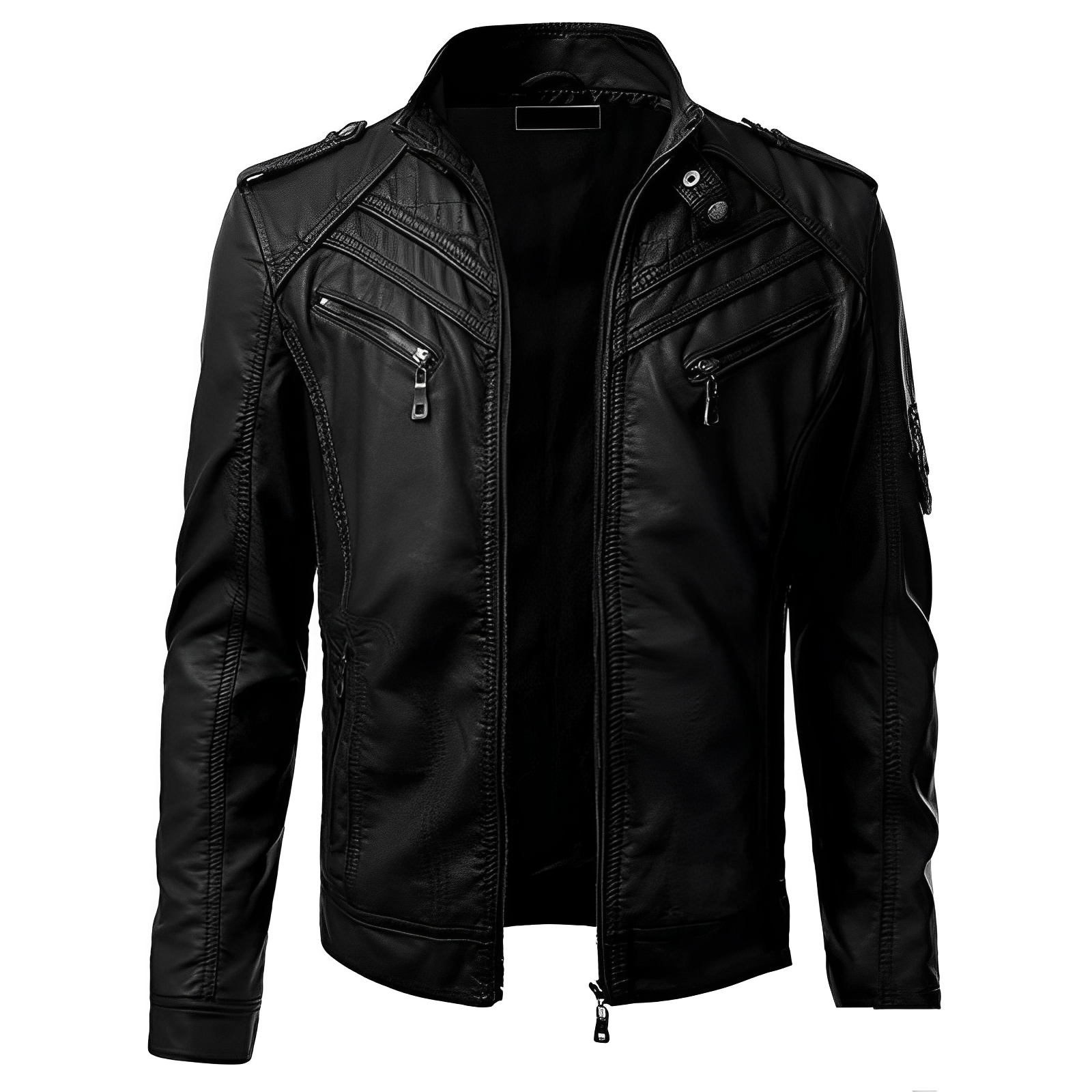 Men's Slim Fit Leather Jacket with Zip Pockets and Stand Collar 0