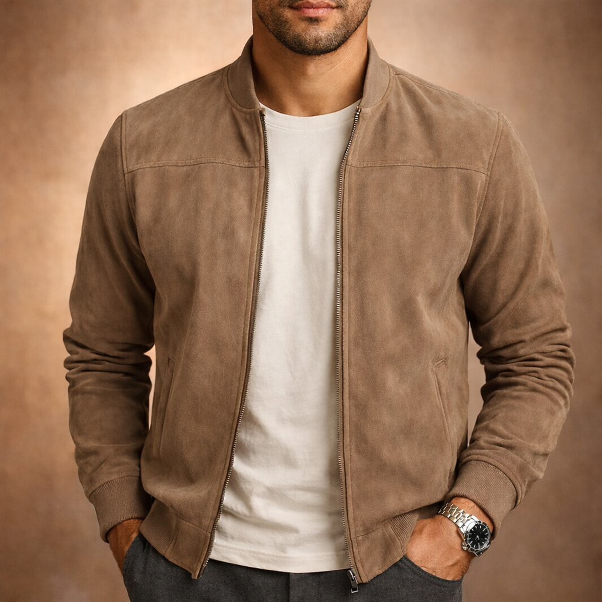 Men's Suede Bomber Jacket Lightweight Smart Casual Outerwear 0