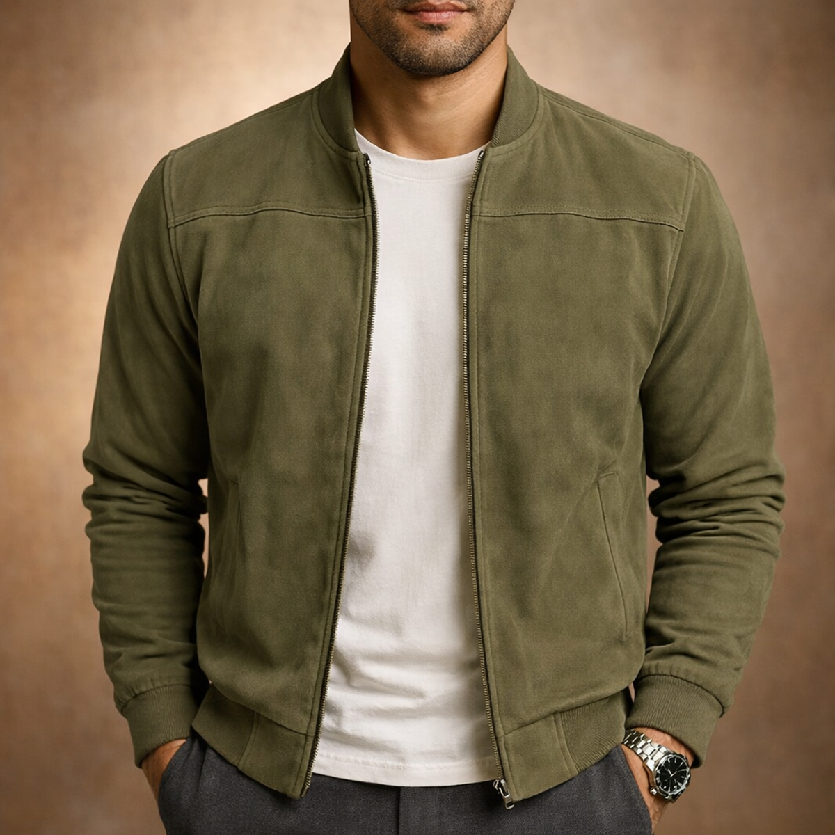 Men's Suede Bomber Jacket Lightweight Smart Casual Outerwear 1