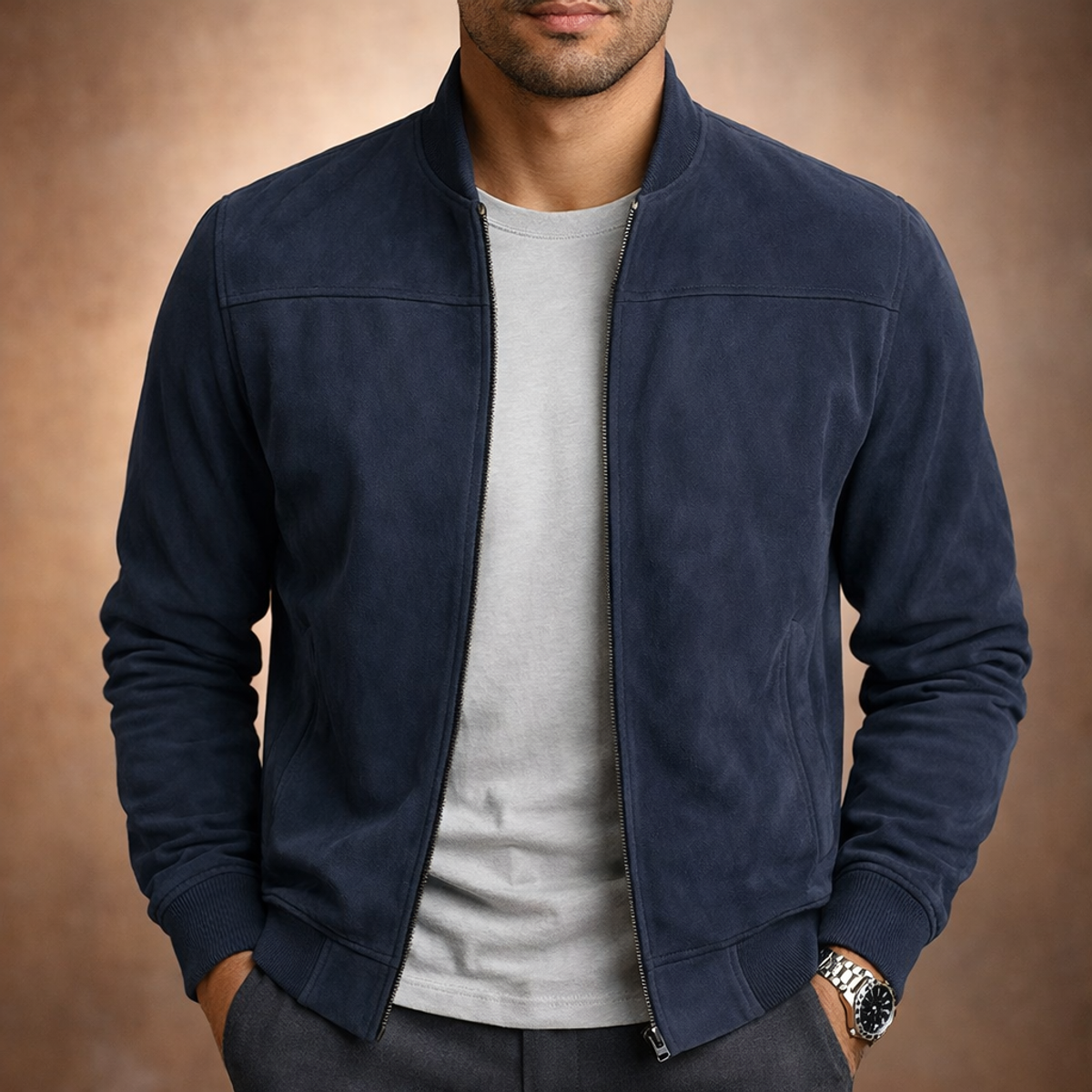 Men's Suede Bomber Jacket Lightweight Smart Casual Outerwear 2