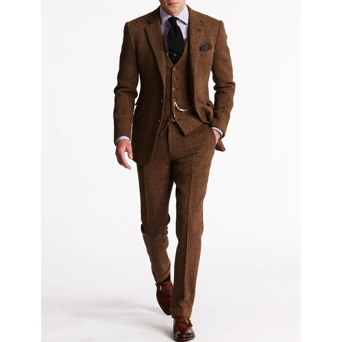 Men's Three-Piece Tweed Tuxedo Suit Set for Weddings and Formal Events 0