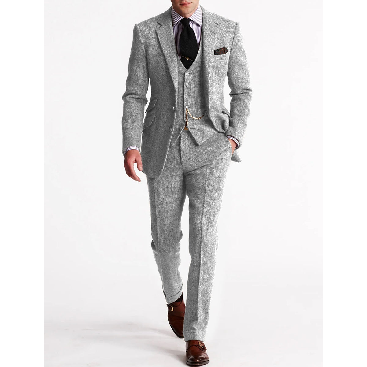 Men's Three-Piece Tweed Tuxedo Suit Set for Weddings and Formal Events 3