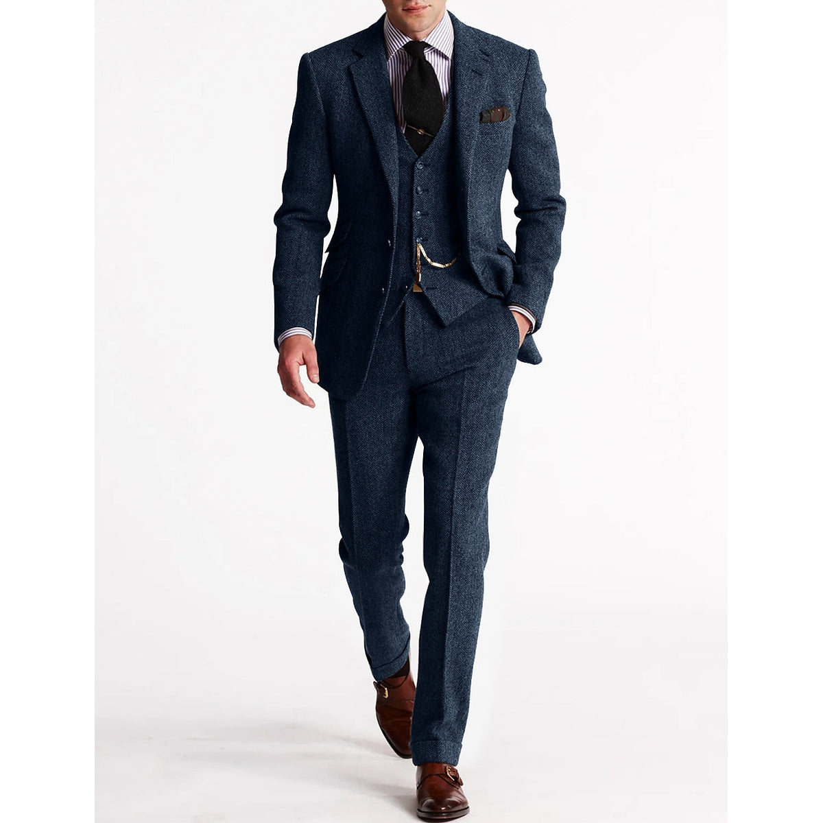 Men's Three-Piece Tweed Tuxedo Suit Set for Weddings and Formal Events 4