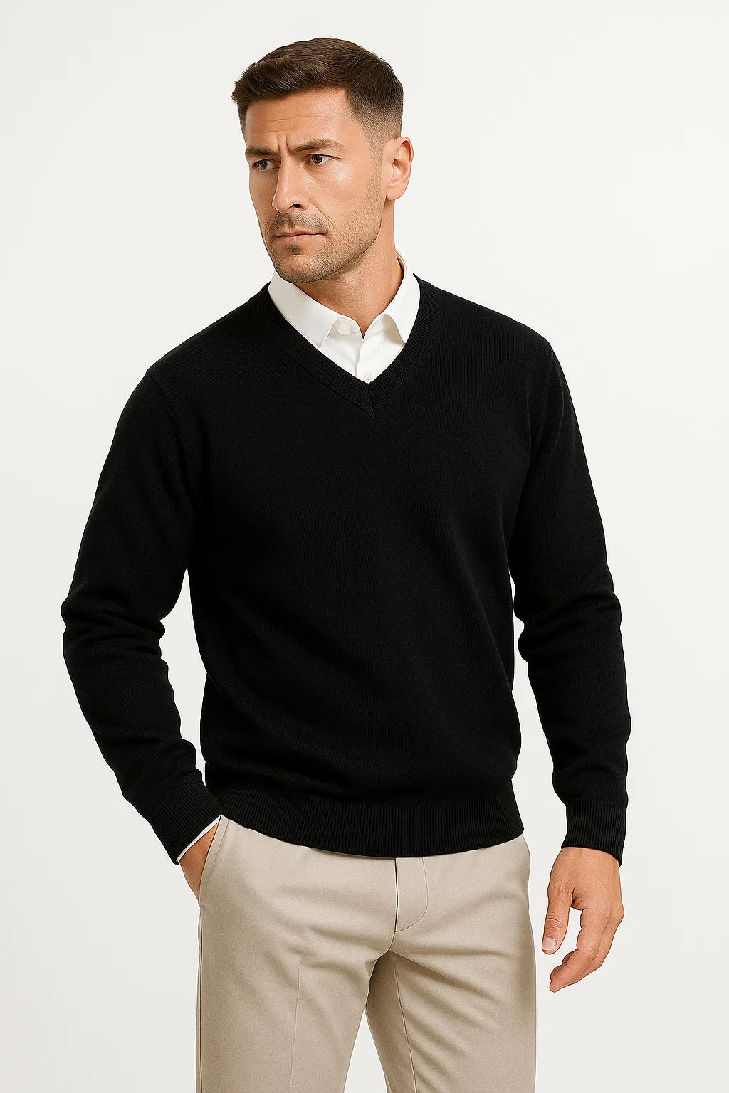 Men's V Neck Slim Fit Sweater Elegant Wool Design Casual Versatile 0