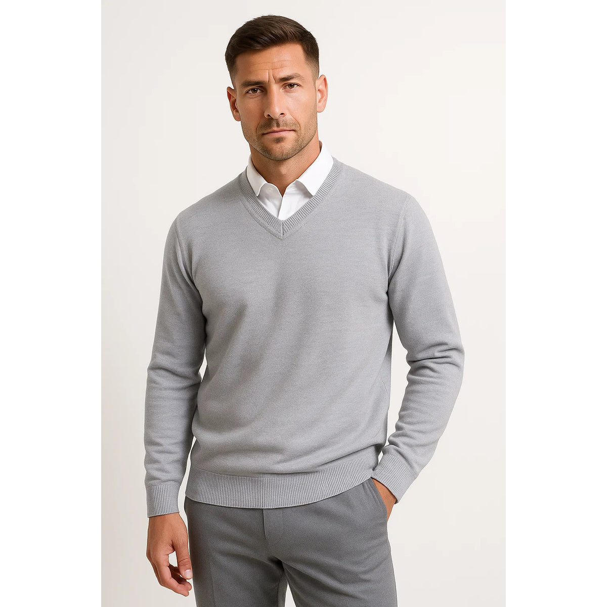 Men's V Neck Slim Fit Sweater Elegant Wool Design Casual Versatile 1
